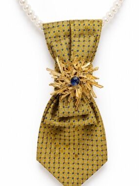 Gold-Tone Starburst Brooch Tie Necklace with Blue Accent